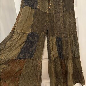 Young Threads. Patchwork Boho Wide-Leg Pants in Olive & Earth Tones